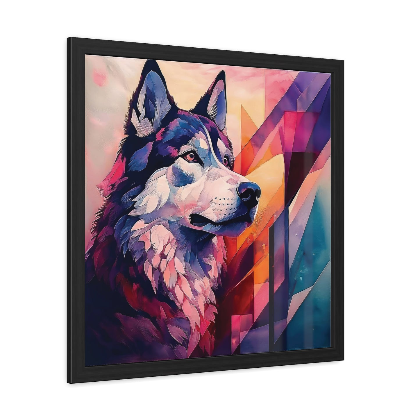 Abstract artwork of Bailey the Shepsky with vibrant colors, geometric shapes, and a modern design. Angled view on a plain background.