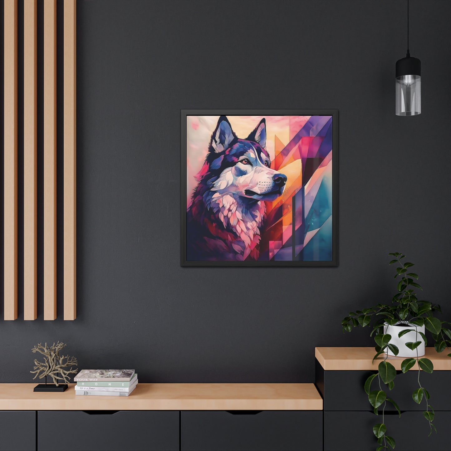 Abstract artwork of Bailey the Shepsky with vibrant colors, geometric shapes, and a modern design. Framed Poster on a dark wall.
