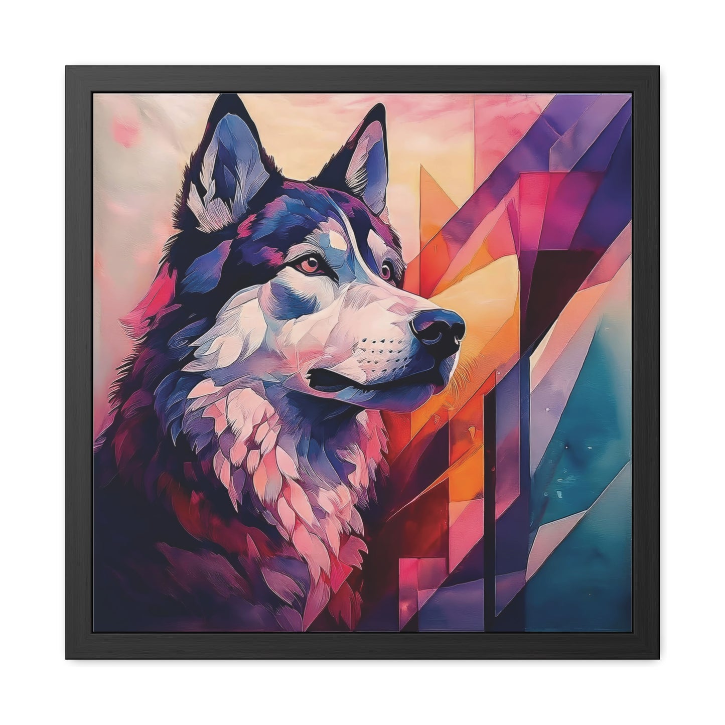 Abstract artwork of Bailey the Shepsky with vibrant colors, geometric shapes, and a modern design. Front view on a plain background.