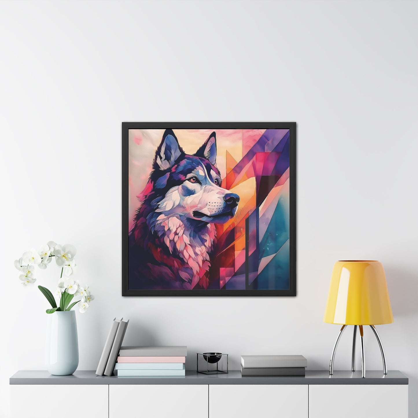 Abstract artwork of Bailey the Shepsky with vibrant colors, geometric shapes, and a modern design. Framed Poster on a white wall.
