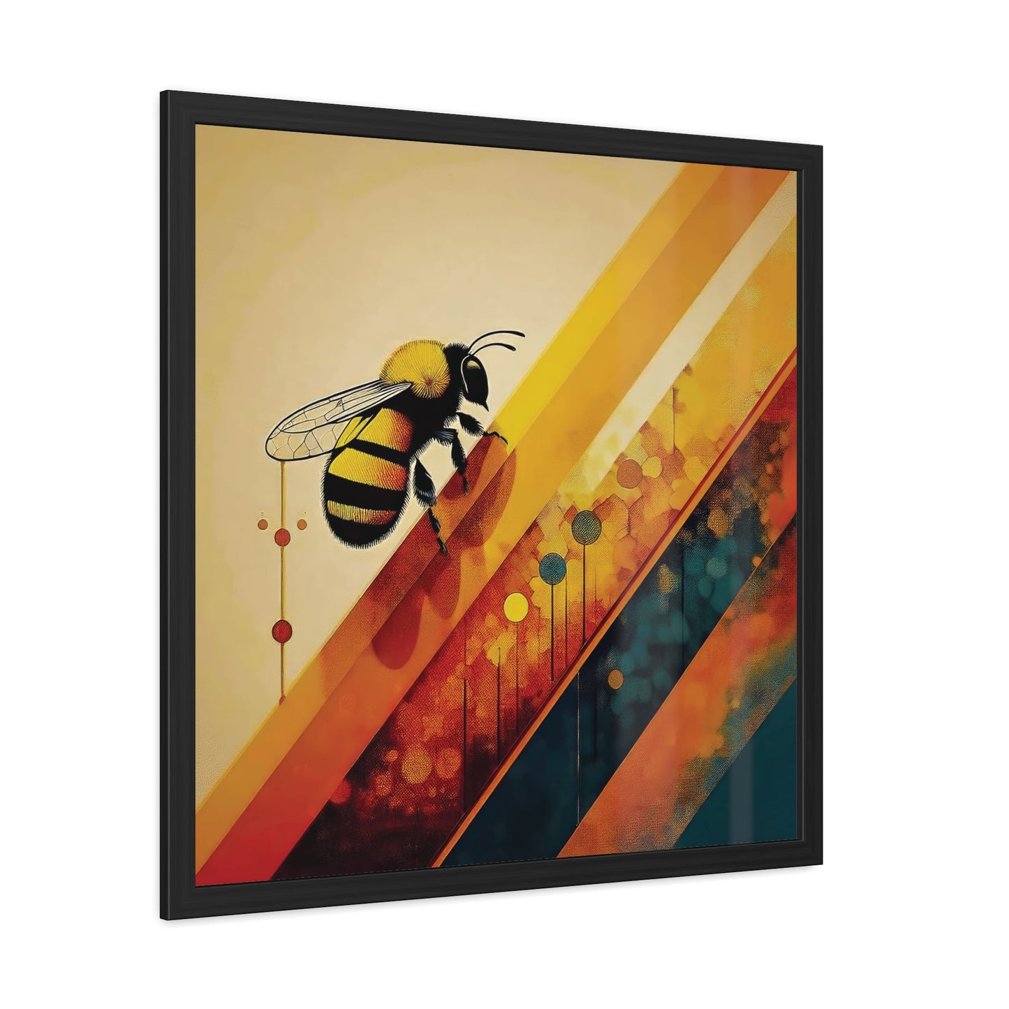 A vibrant abstract bee on colorful geometric stripes, blending warm yellows, oranges, and teal. Angled view on a plain background.