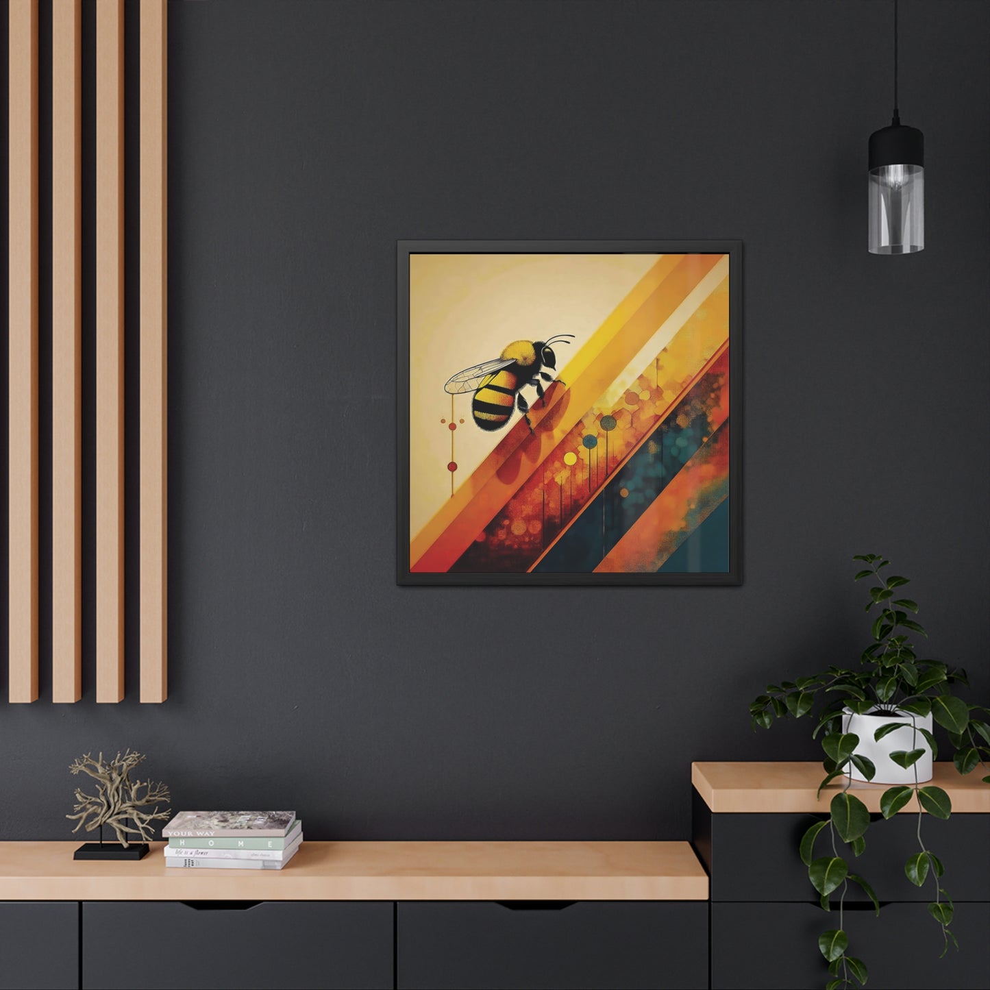 A vibrant abstract bee on colorful geometric stripes, blending warm yellows, oranges, and teal. Framed Poster on a dark wall.