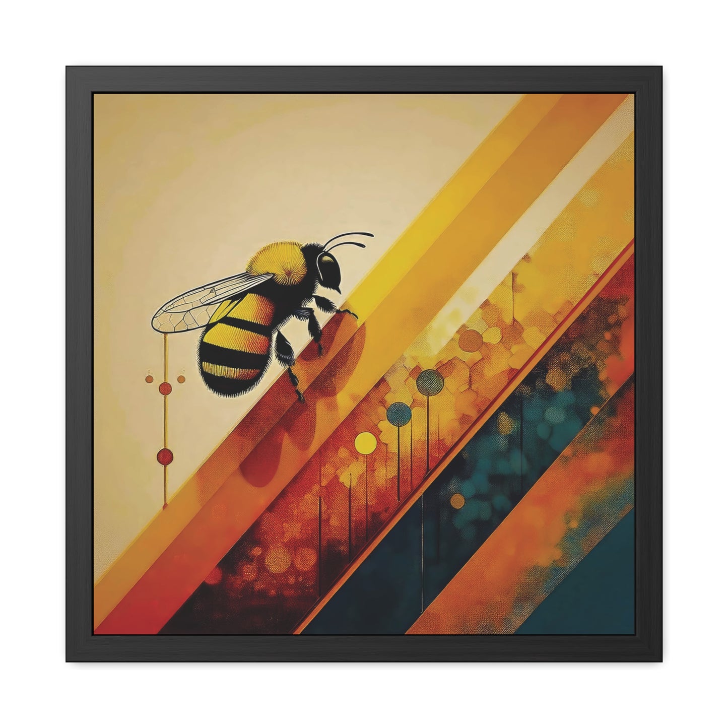 A vibrant abstract bee on colorful geometric stripes, blending warm yellows, oranges, and teal. Front view on a plain background.