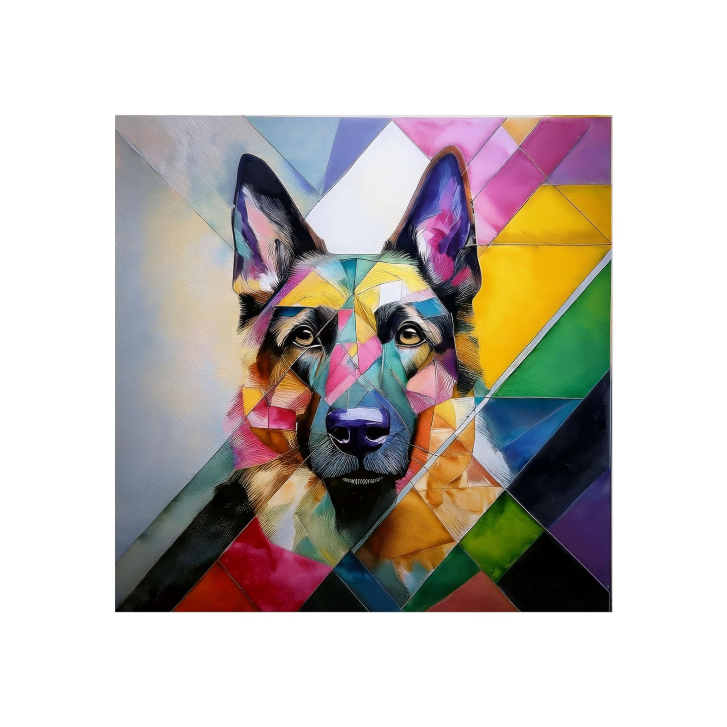 A colorful geometric portrait of Daisy the Shepsky, framed with sustainable wood and Perspex cover. Front view on a plain background.