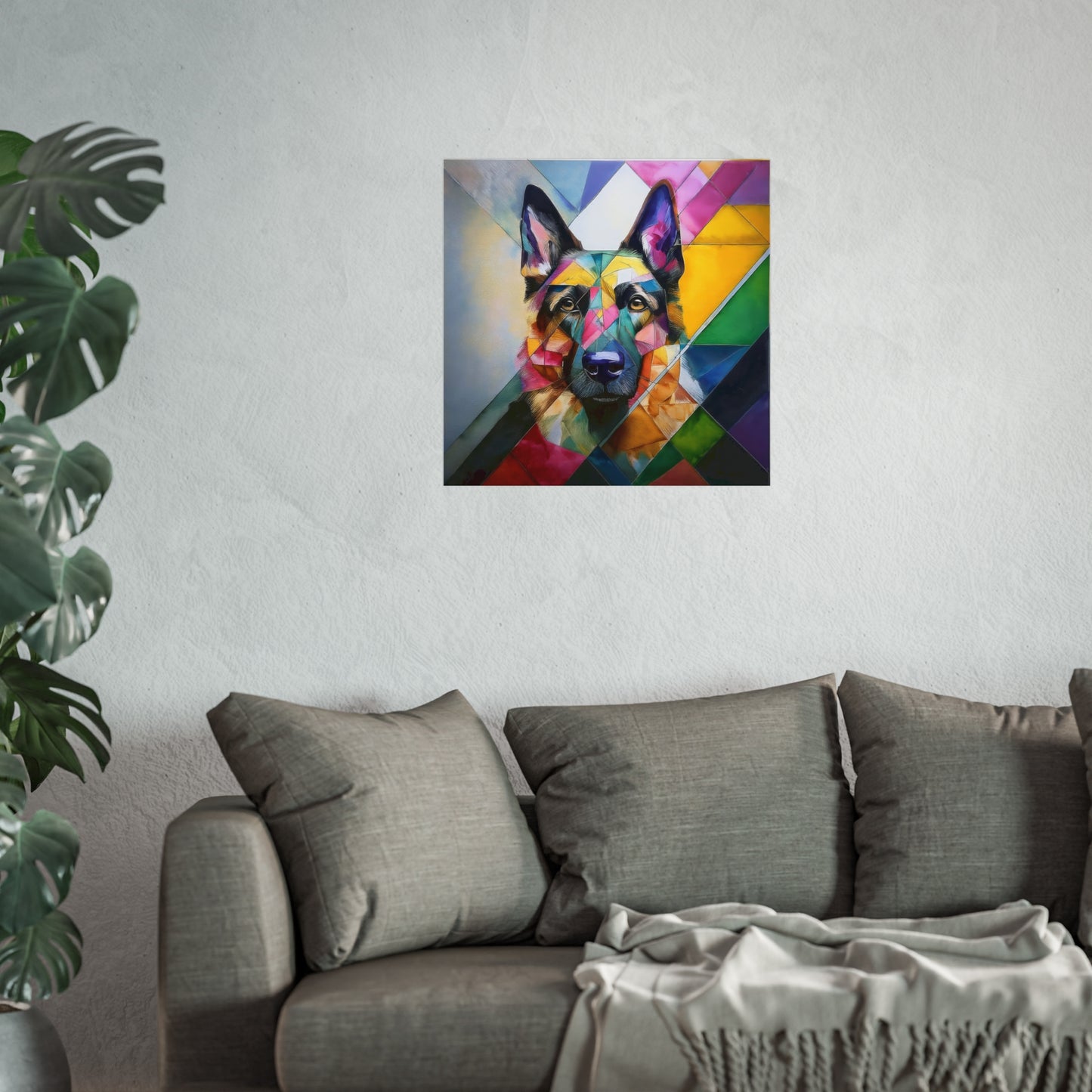 A colorful geometric portrait of a dog, framed with sustainable wood and Perspex cover. Fine Art Poster hung above a grey sofa.