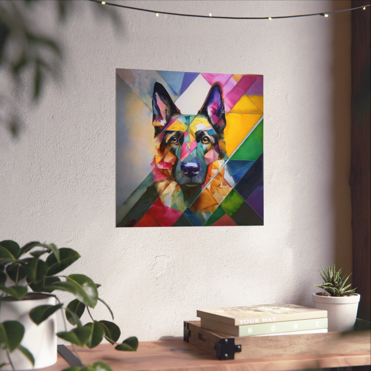 A colorful geometric portrait of a dog, framed with sustainable wood and Perspex cover. Fine Art Poster on a white wall.