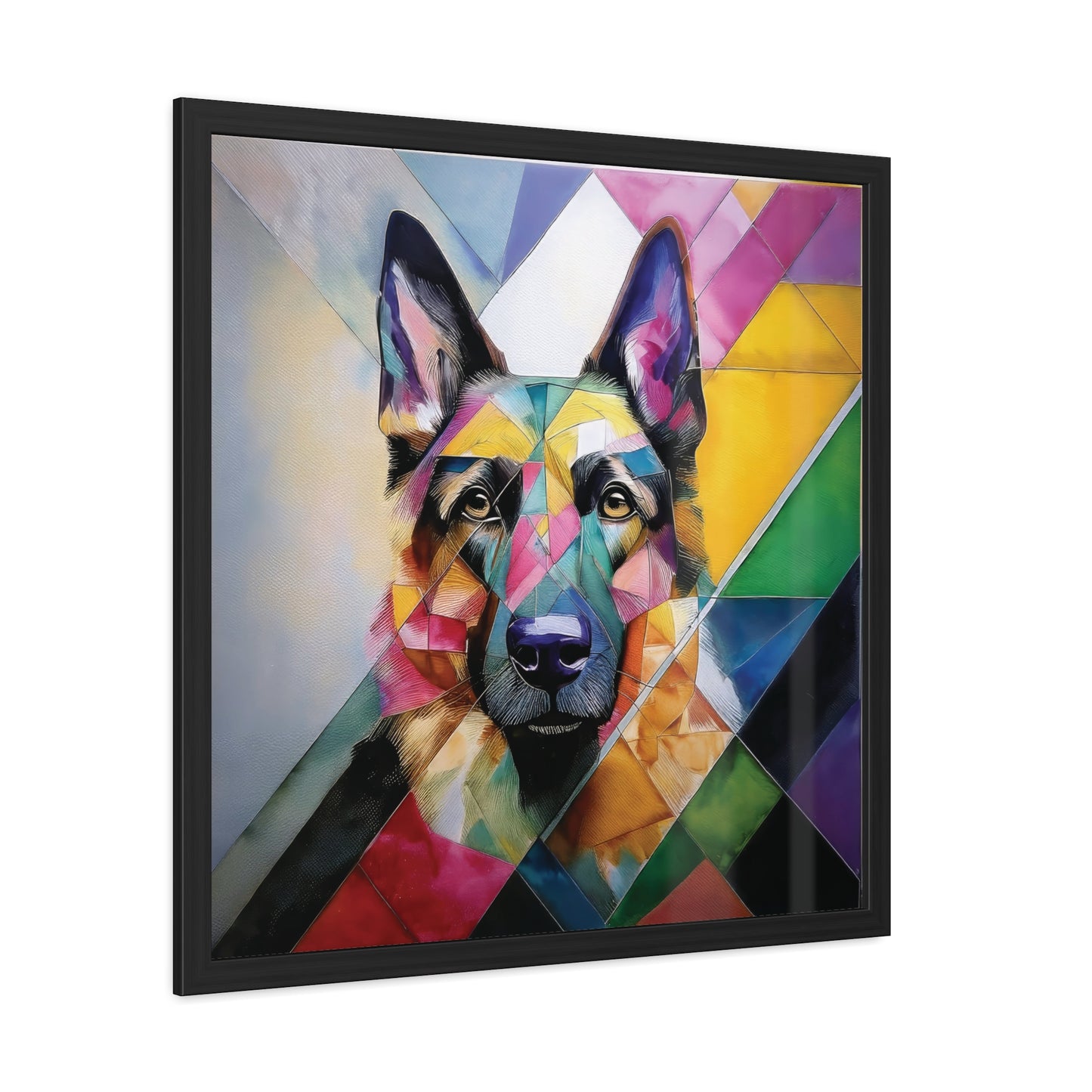 A colorful geometric portrait of Daisy the Shepsky, framed with sustainable wood and Perspex cover. Angled view on a plain background.