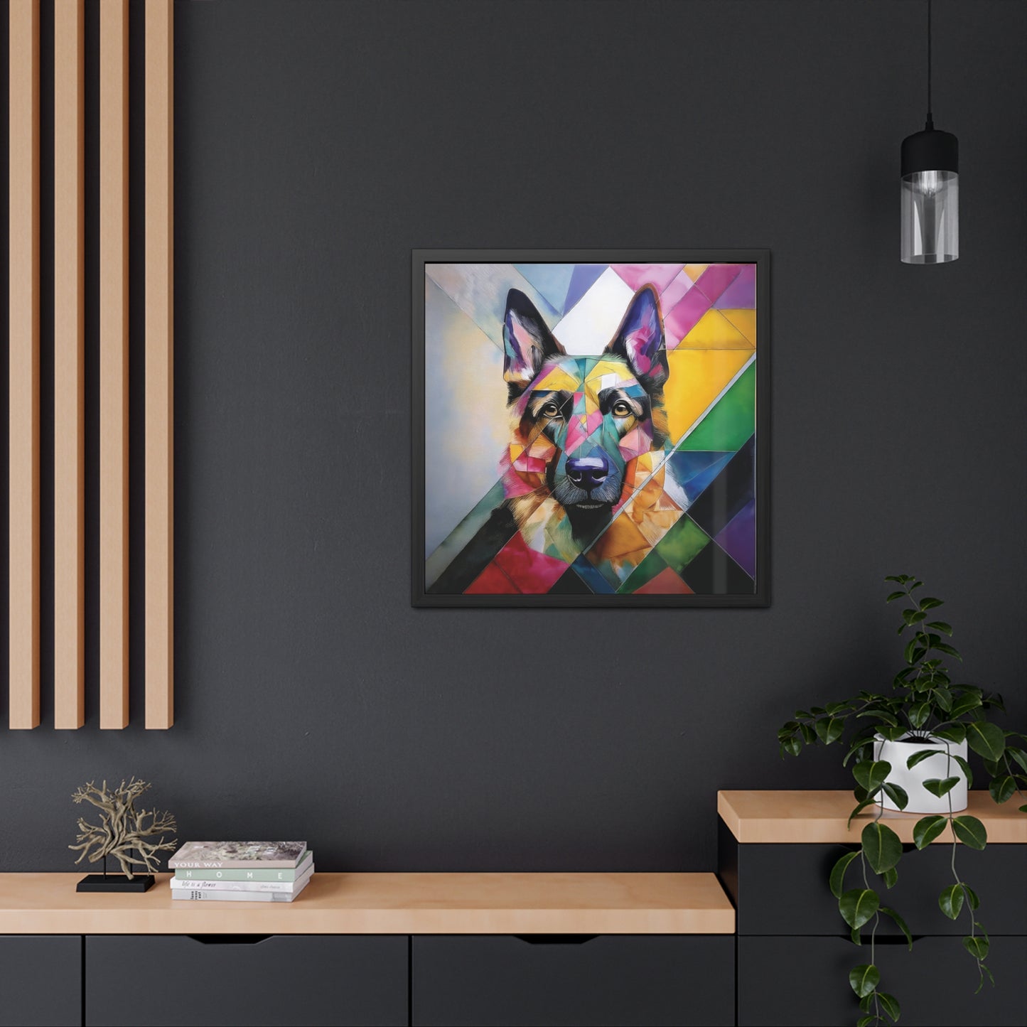 A colorful geometric portrait of Daisy the Shepsky, framed with sustainable wood and Perspex cover. Framed Poster on a dark wall.