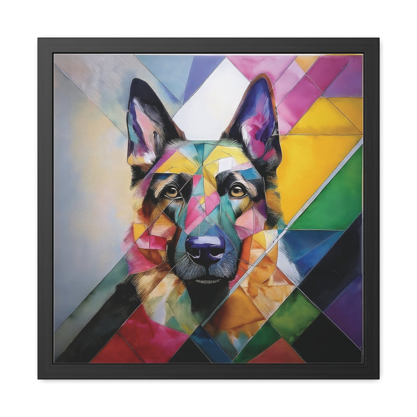 A colorful geometric portrait of Daisy the Shepsky, framed with sustainable wood and Perspex cover. Front view on a plain background.