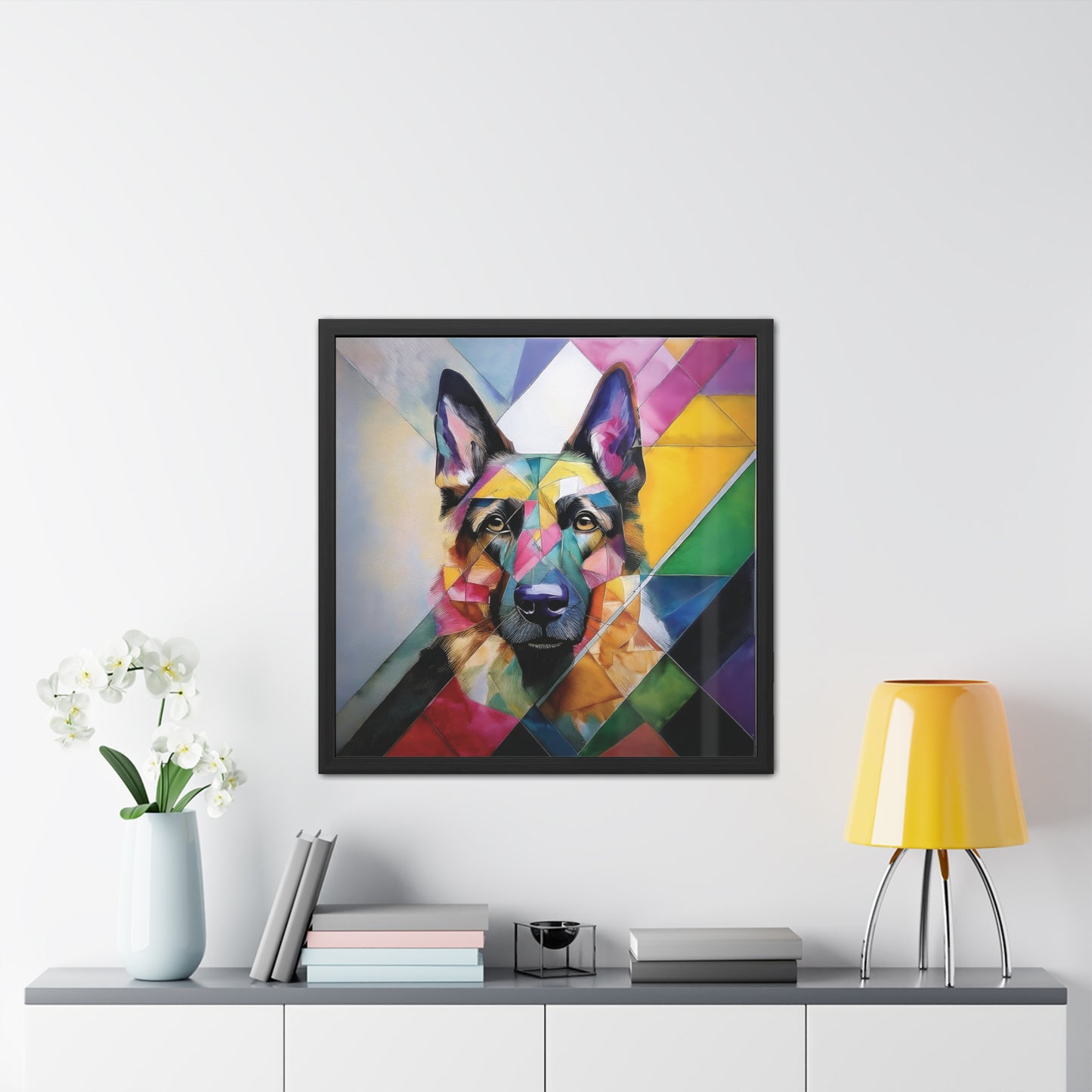 A colorful geometric portrait of Daisy the Shepsky, framed with sustainable wood and Perspex cover. Framed Poster on a white wall.