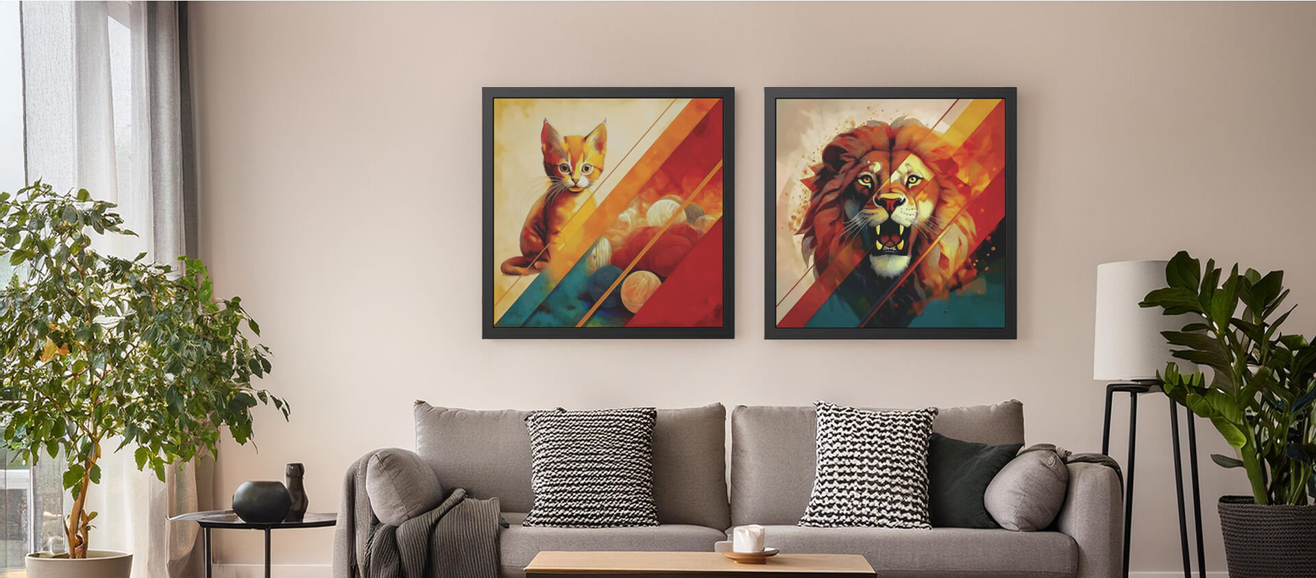 Kerry the Kitten & Lennox the Lion fine art prints hanging side by side in a modern day living room.
