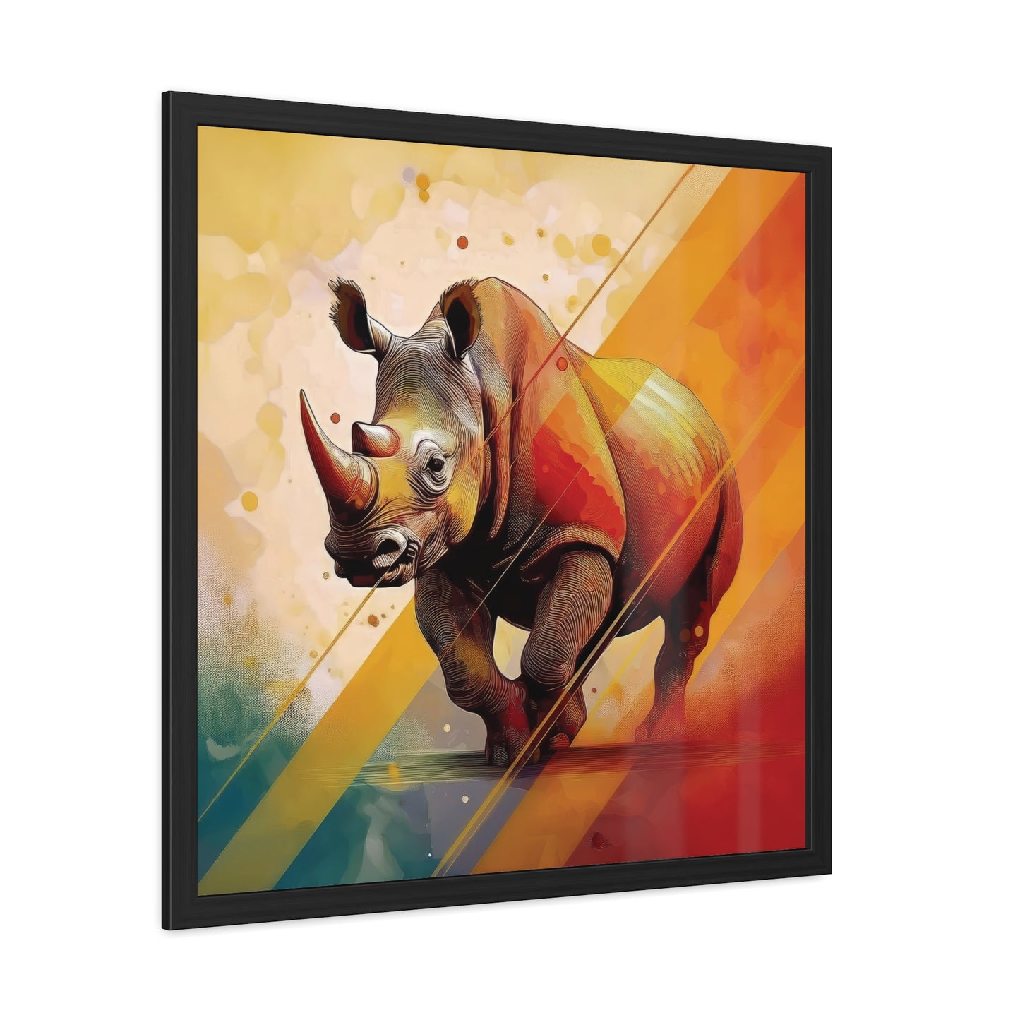 A vibrant, colorful rhino illustration with dynamic geometric patterns and warm gradient tones. Angled view on a plain background.