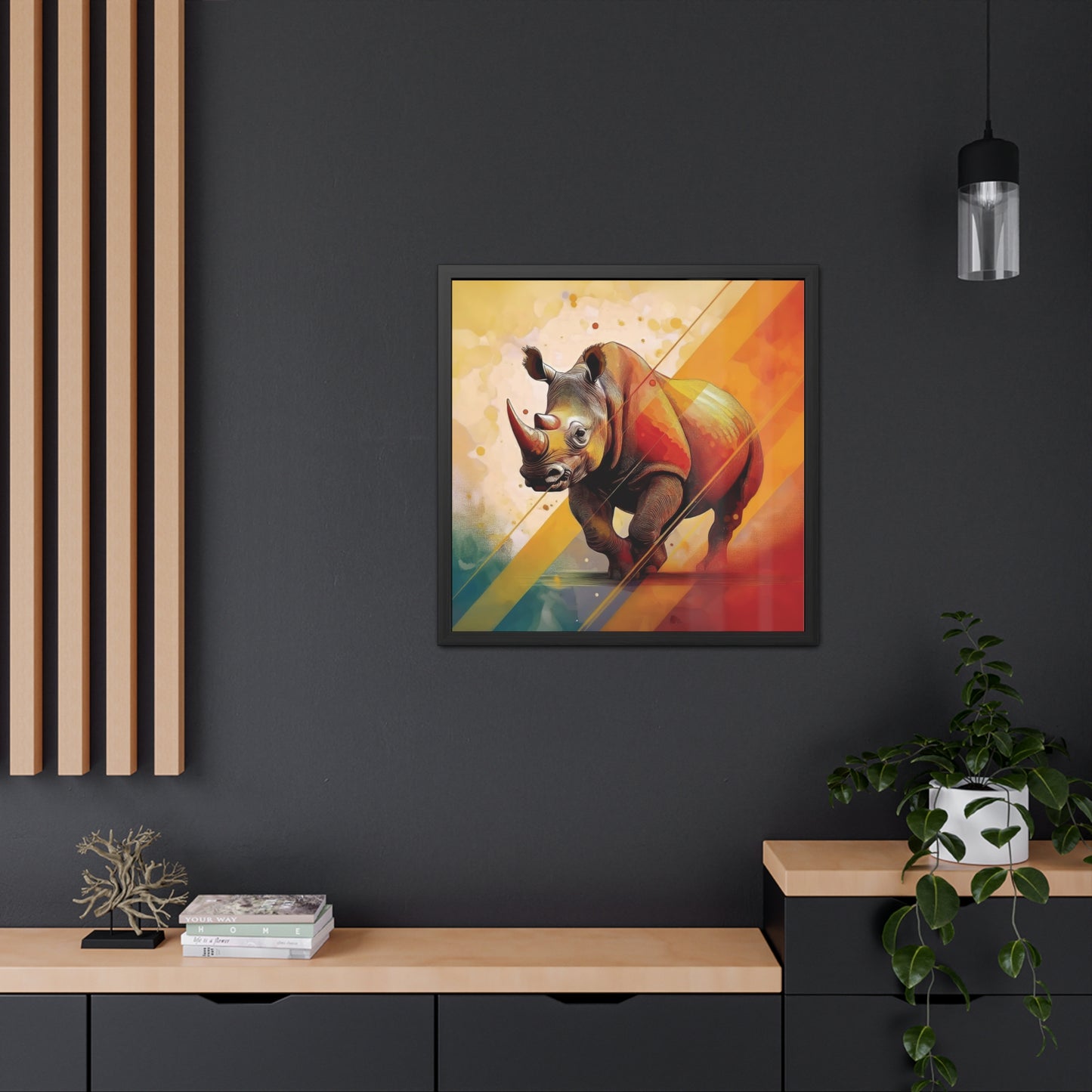 A vibrant, colorful rhino illustration with dynamic geometric patterns and warm gradient tones. Framed Poster on a dark wall.
