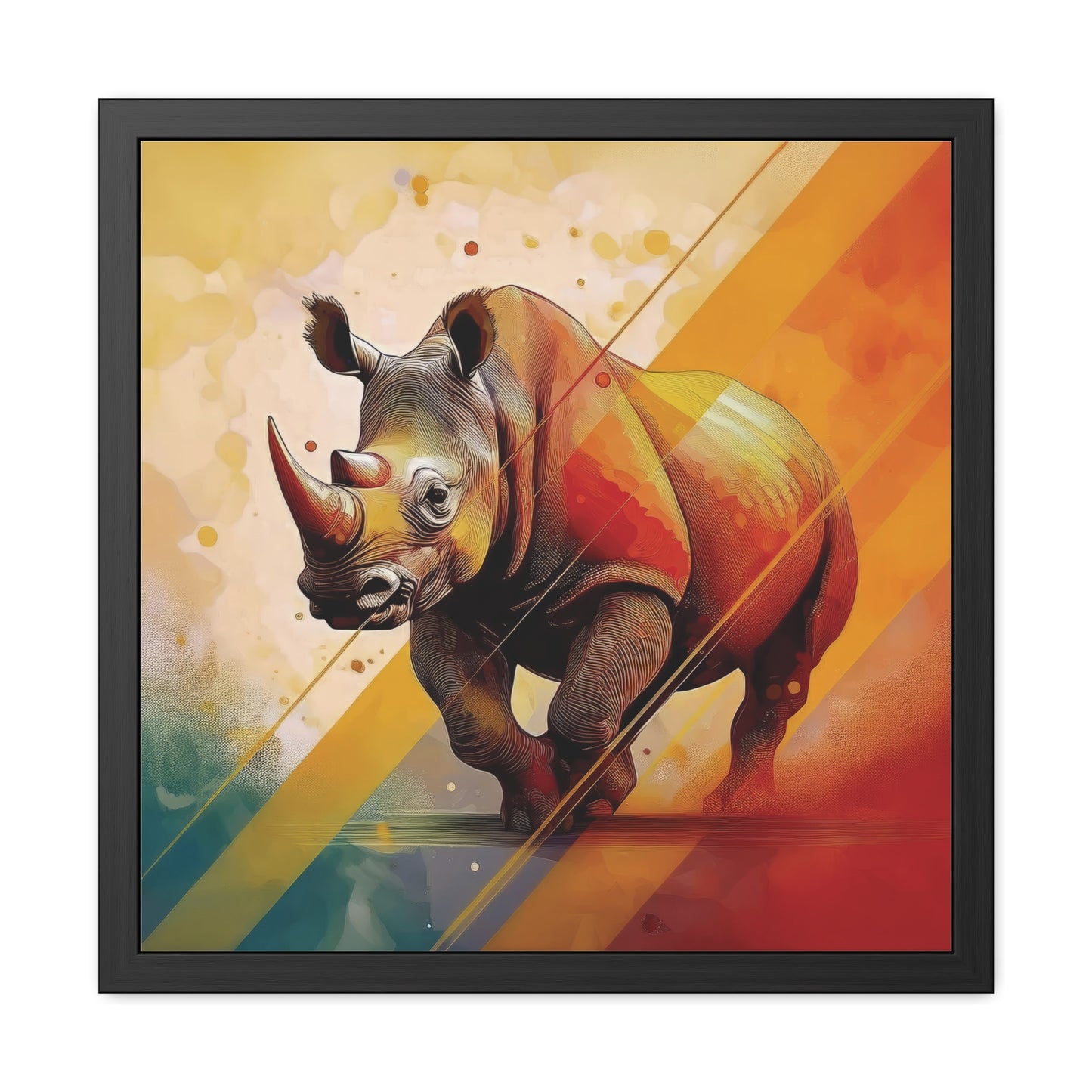 A vibrant, colorful rhino illustration with dynamic geometric patterns and warm gradient tones. Framed front view.