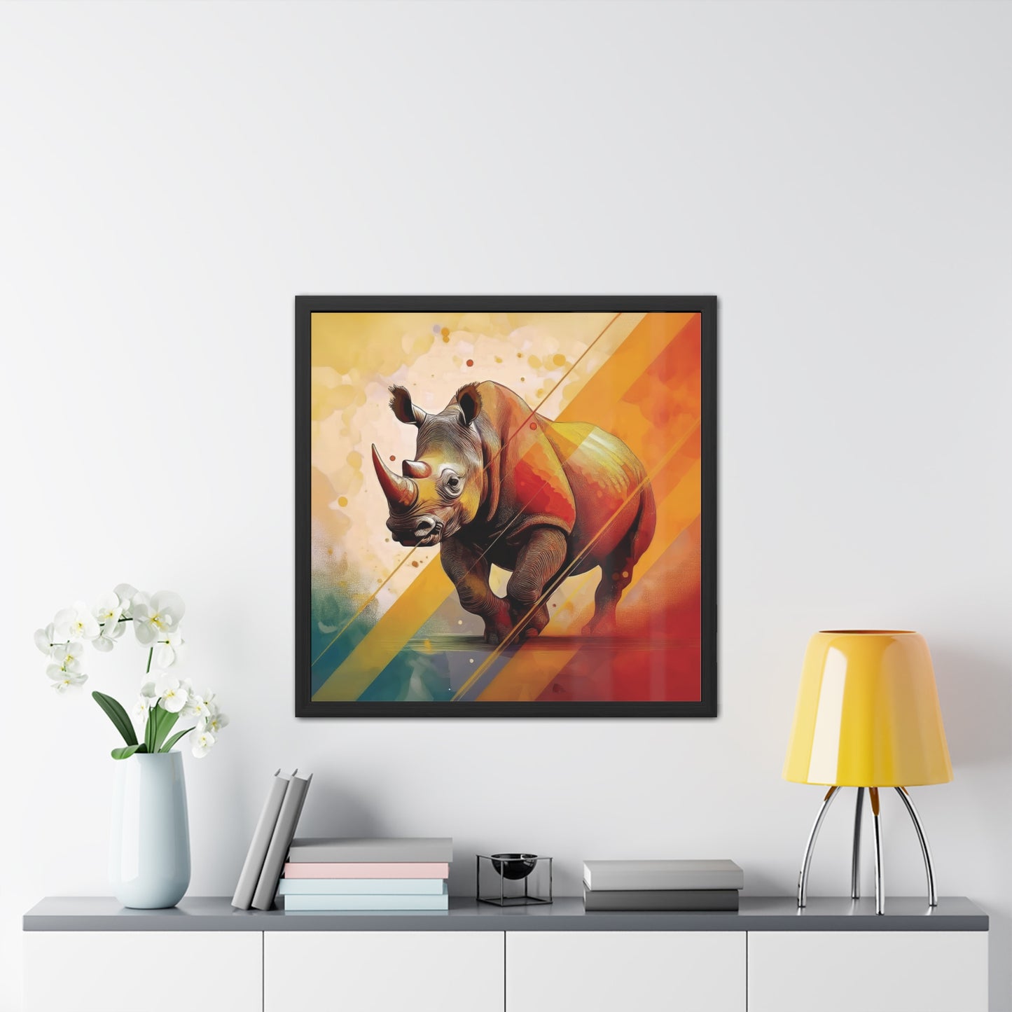 A vibrant, colorful rhino illustration with dynamic geometric patterns and warm gradient tones. Framed Poster on a white wall.