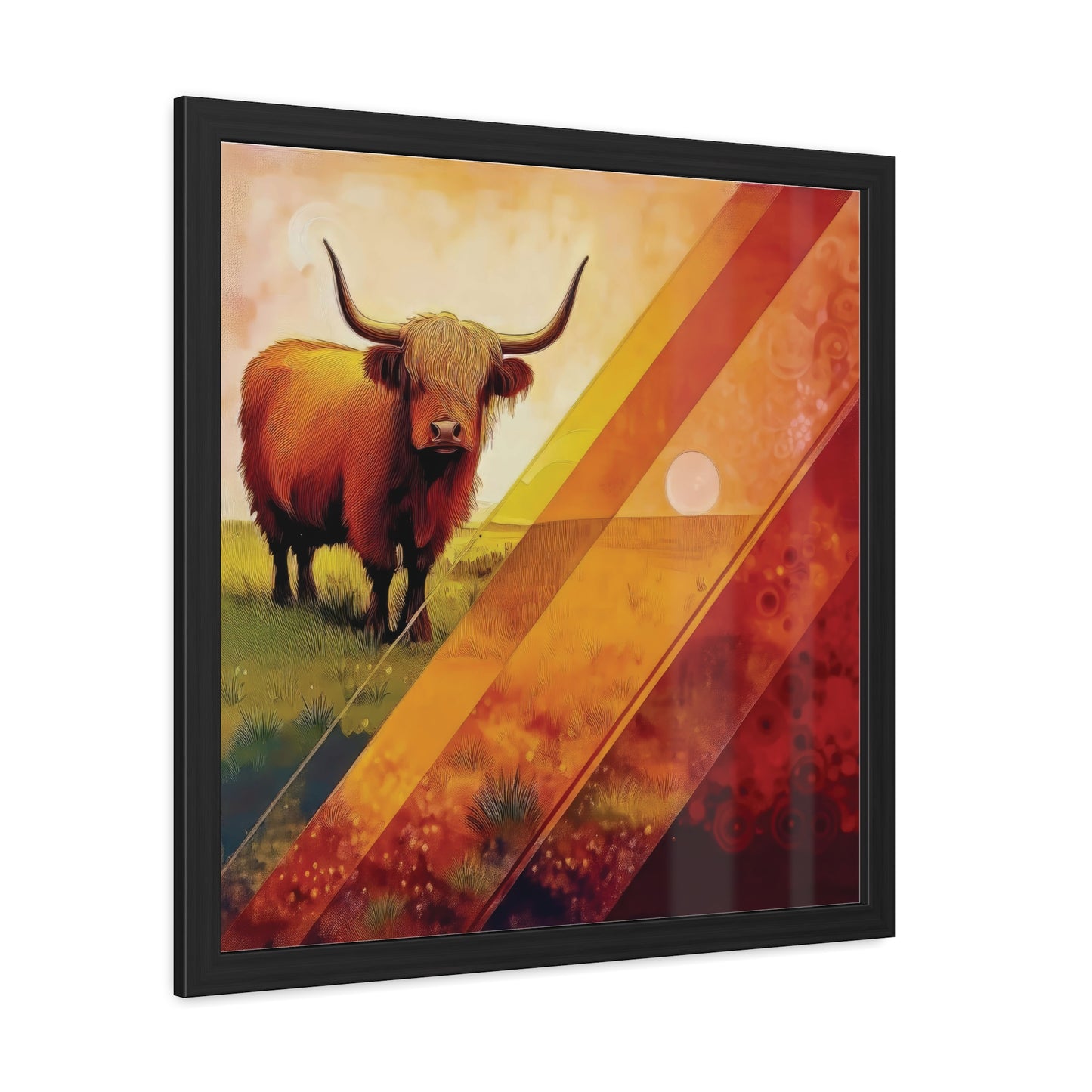 A Highland cow stands on grassy plains, framed by bold orange and yellow geometric patterns. Angled view on a plain background.