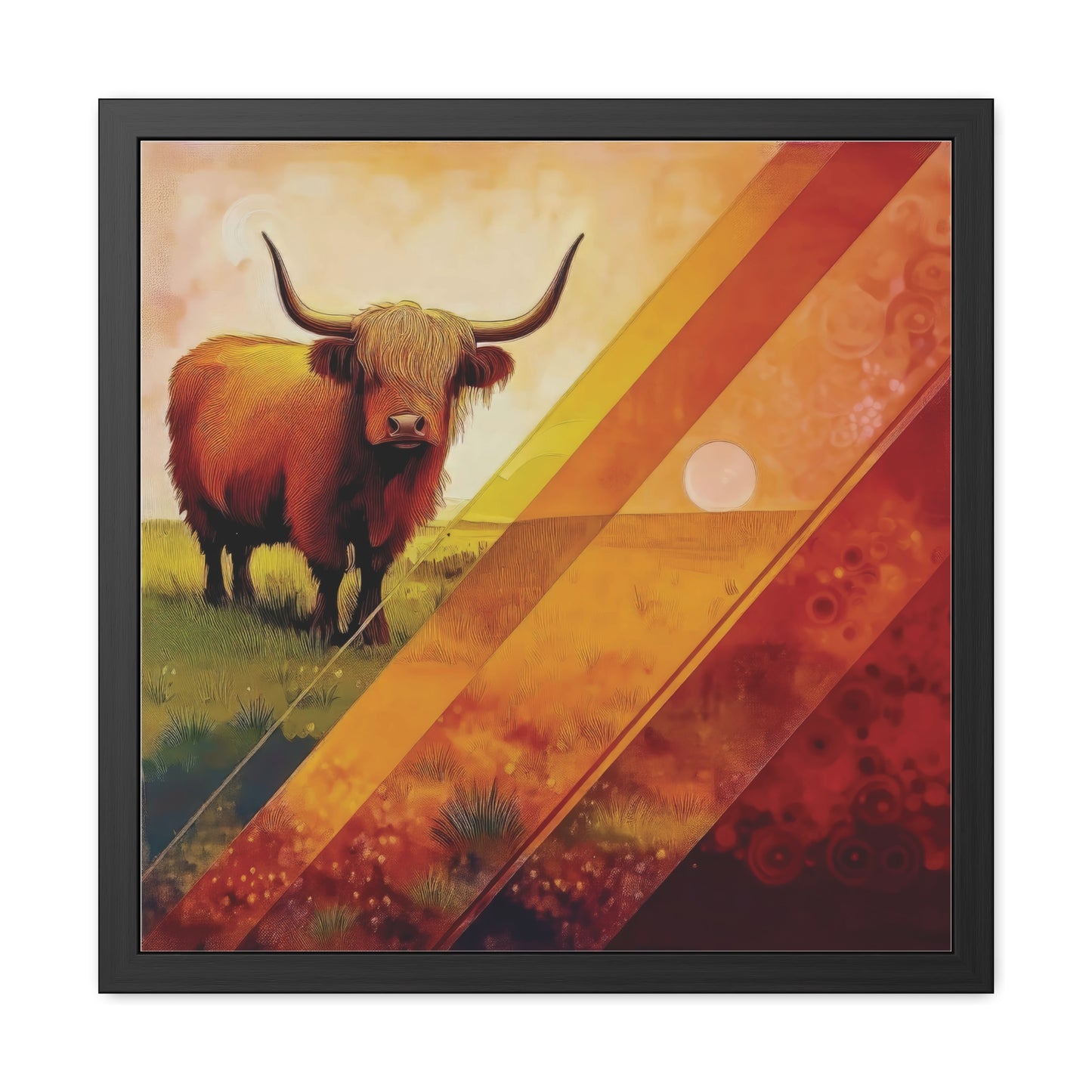 A Highland cow stands on grassy plains, framed by bold orange and yellow geometric patterns. Front view on a plain background.