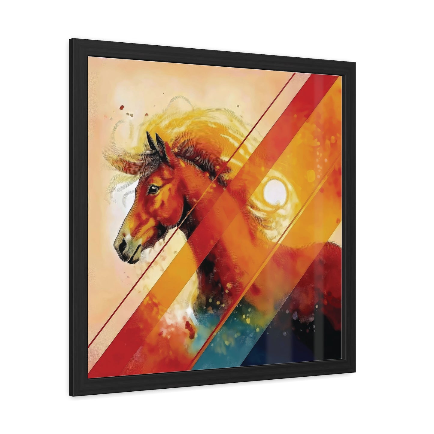A vibrant Shetland pony portrait with bold orange hues, geometric patterns, and dynamic movement. Angled view on a plain background.