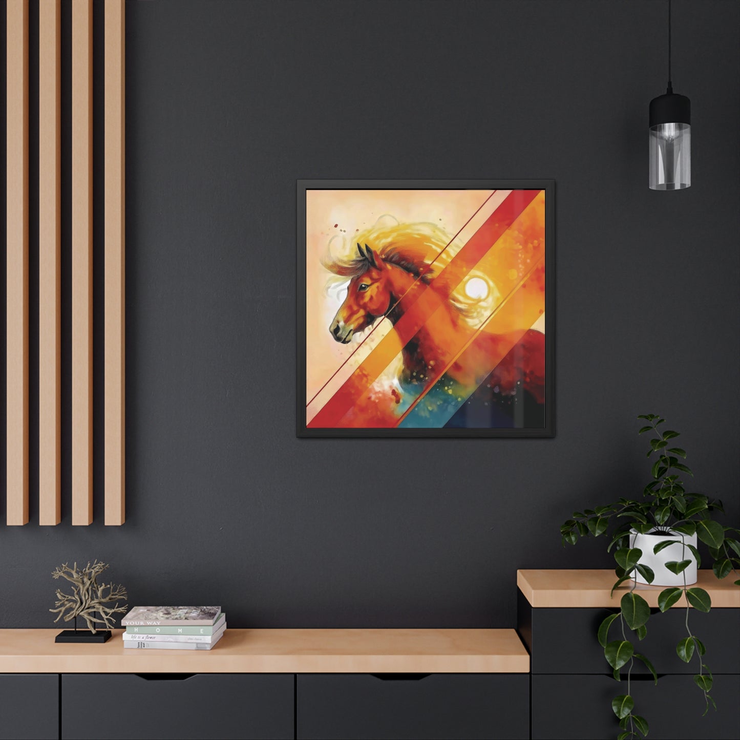 A vibrant Shetland pony portrait with bold orange hues, geometric patterns, and dynamic movement. Framed Poster on a dark wall.