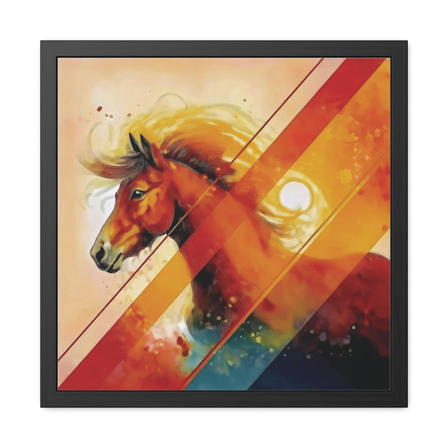 A vibrant Shetland pony portrait with bold orange hues, geometric patterns, and dynamic movement. Front view on a plain background.