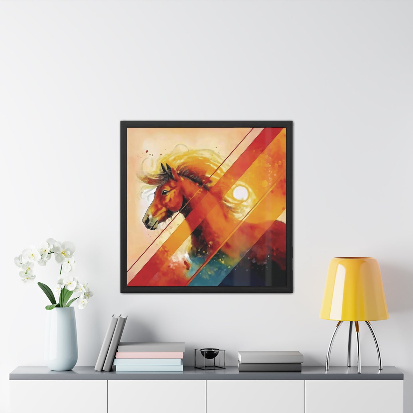 A vibrant Shetland pony portrait with bold orange hues, geometric patterns, and dynamic movement. Framed Poster on a white wall.