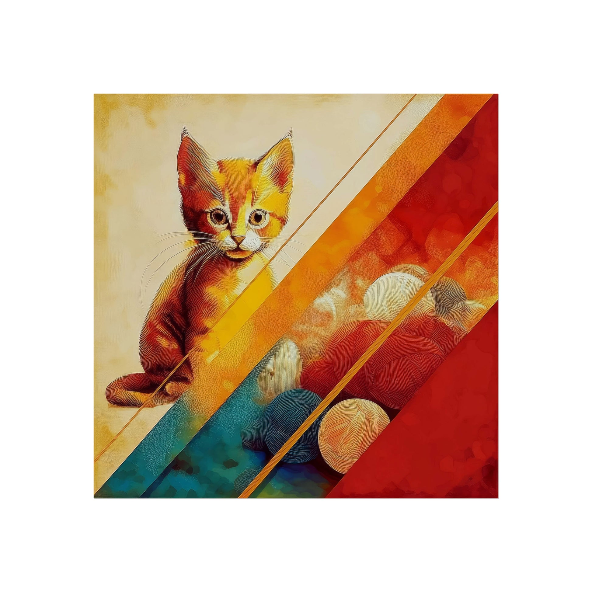 An orange kitten with vibrant yarn balls, framed by geometric lines and warm colors. Front view on a plain background.