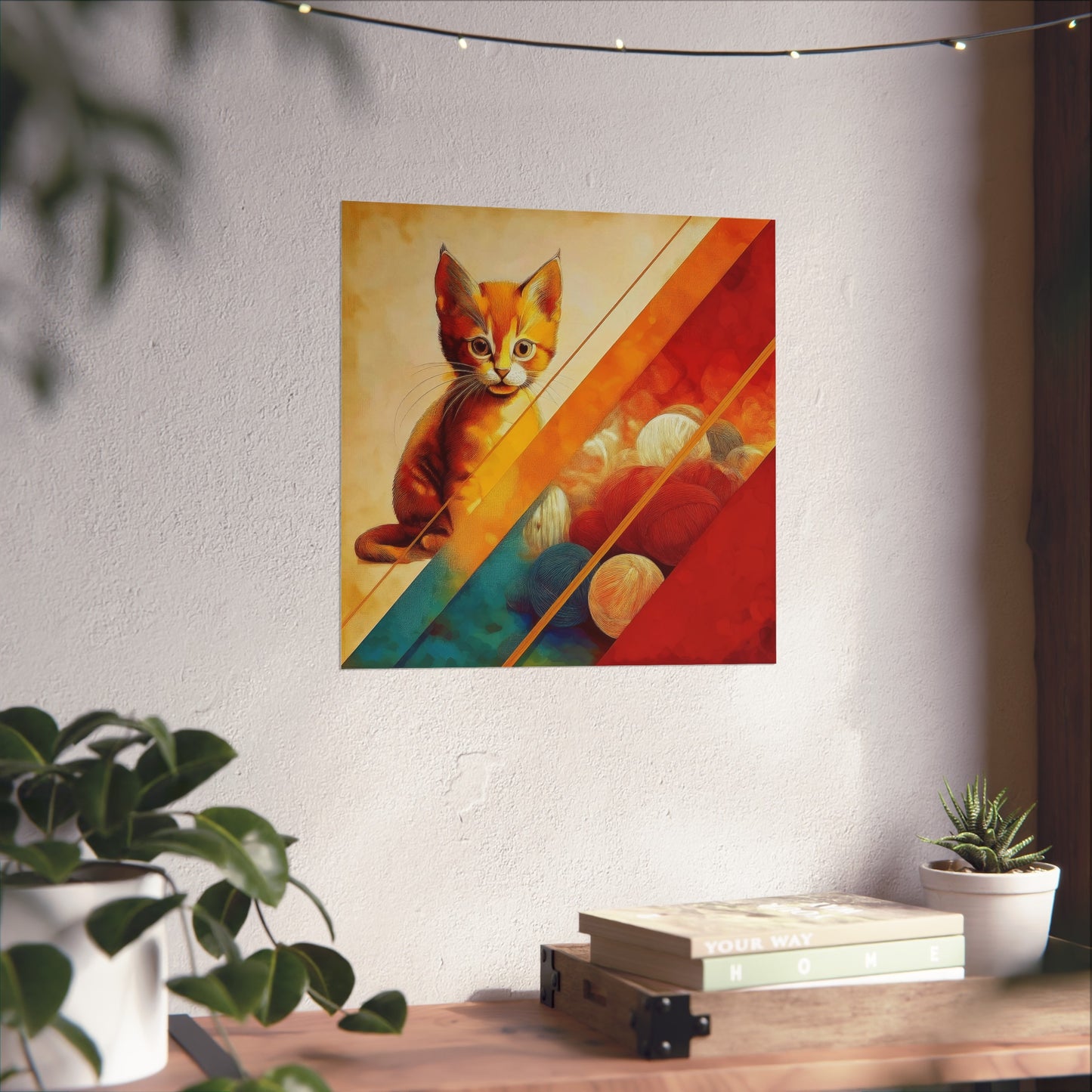 An orange kitten with vibrant yarn balls, framed by geometric lines and warm colors. Fine Art Poster on a white wall.