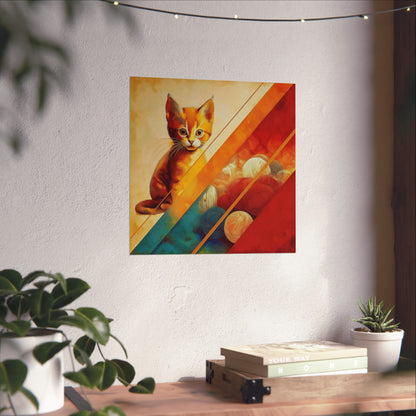 An orange kitten with vibrant yarn balls, framed by geometric lines and warm colors. Fine Art Poster on a white wall.